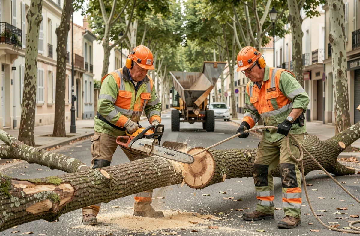 Deux élagueurs professionnels en équipement de sécurité complet sectionnant un arbre abattu sur une avenue de Béziers