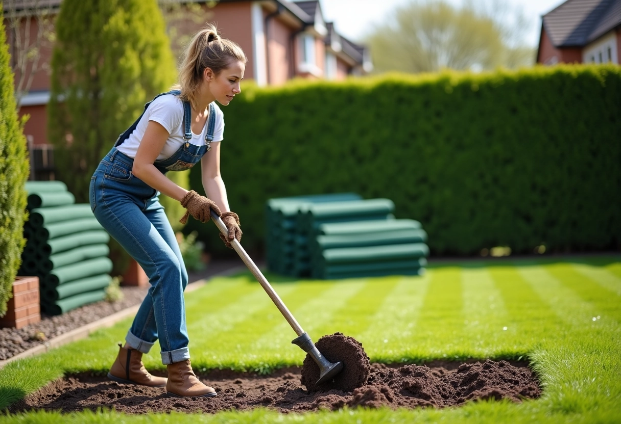 Jeune femme en overalls utilisant un désherbeur manuel