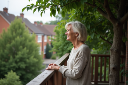Femme inspectant un hornbeam sur un balcon résidentiel