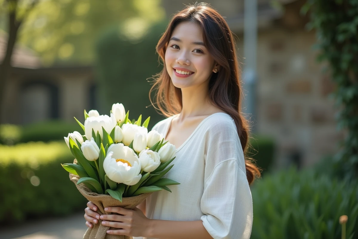 Jeune femme tenant un bouquet de fleurs blanches dans un jardin printanier, idéal pour offrir lors d'une naissance ou d'un anniversaire
