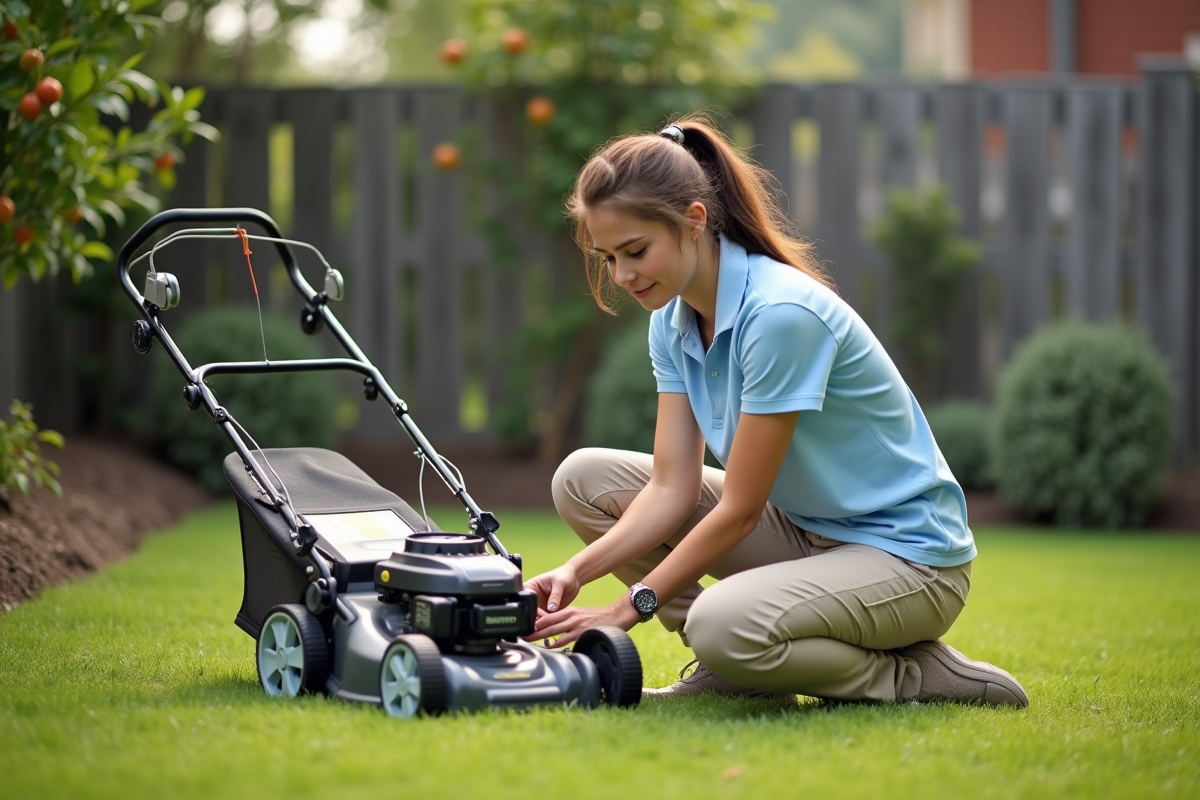 Jeune femme comparant deux tondeuses dans le jardin