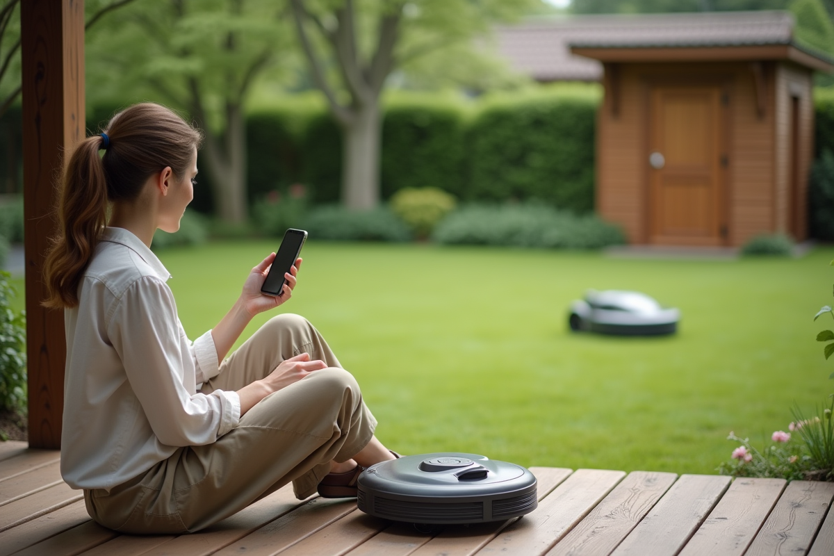 Femme contrôle une tondeuse robot avec son smartphone dans le jardin