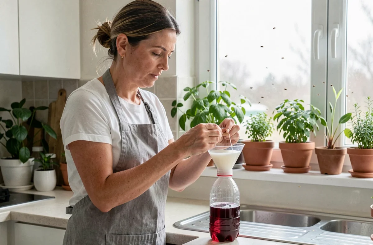 Femme préparant un piège à moucherons avec une bouteille en plastique et du vin rouge dans une cuisine moderne