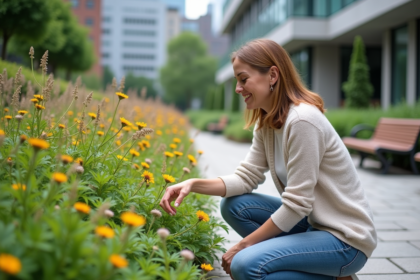 Femme d'âge moyen dans un jardin botanique urbain