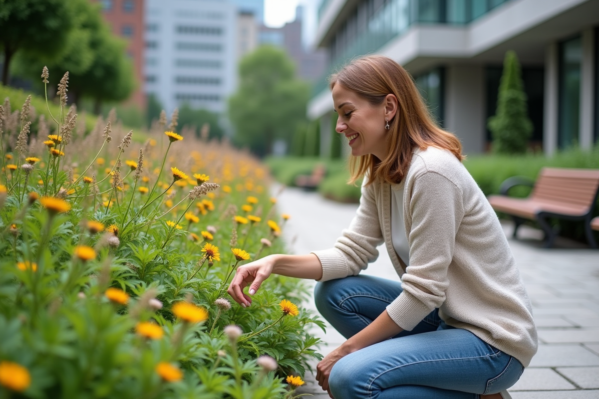 Femme d'âge moyen dans un jardin botanique urbain
