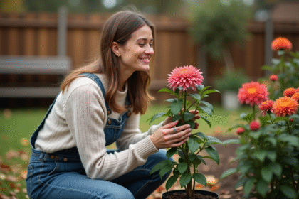 Femme dans son jardin avec un chrysanthemum en main