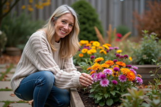 Femme souriante arrangeant des fleurs d'automne dans son jardin