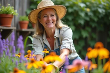 Femme souriante en jardin avec fleurs résistantes au soleil