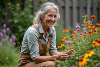 Femme en tenue de jardinage touchant des fleurs en pleine floraison dans un jardin