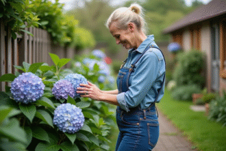 Femme inspectant hydrangeas dans un jardin en mai