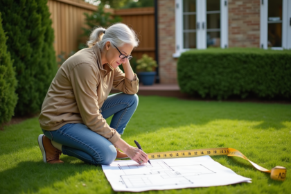 Femme planifiant son jardin avec ruban de mesure