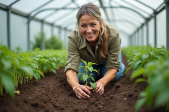 Femme plantant une tomate dans une serre lumineuse