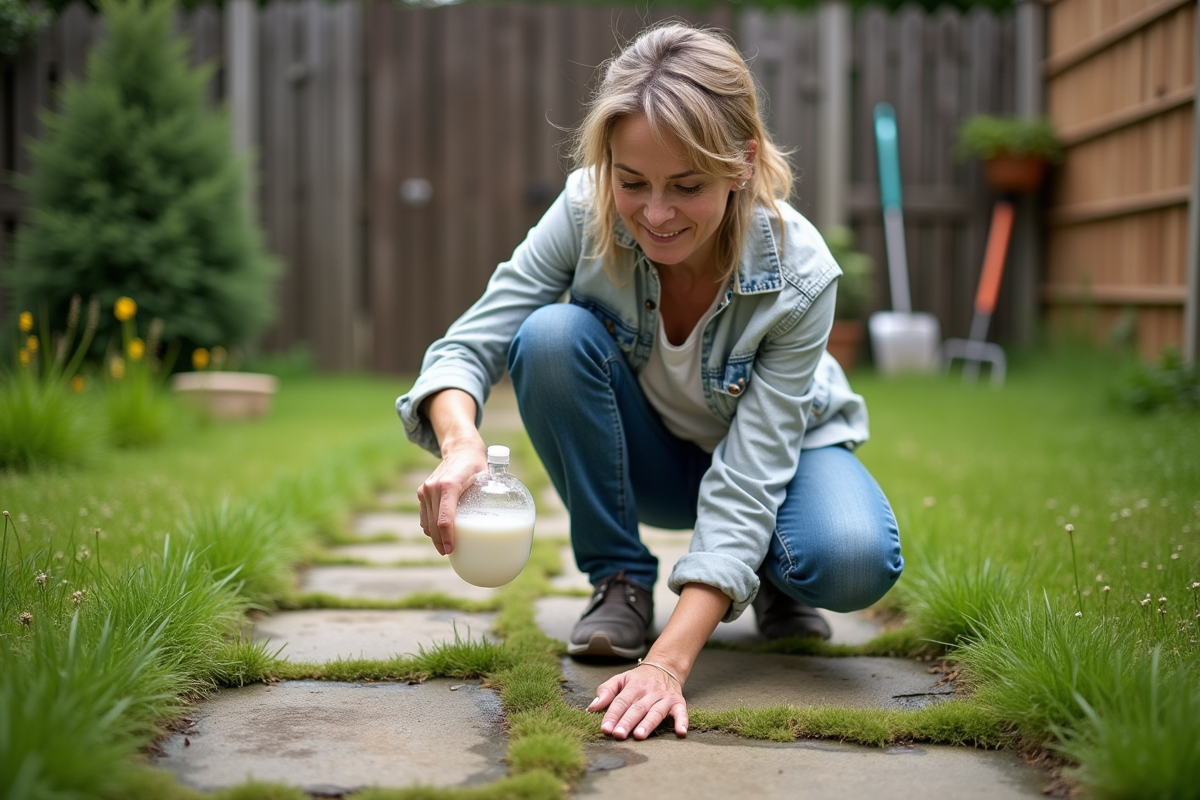 Femme en jardin vaporisant du vinaigre sur la mousse entre les pavés