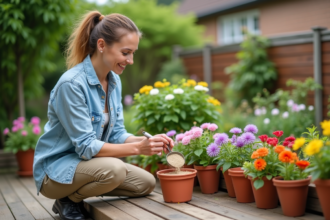 Femme en jardinage avec fleurs colorées sur terrasse