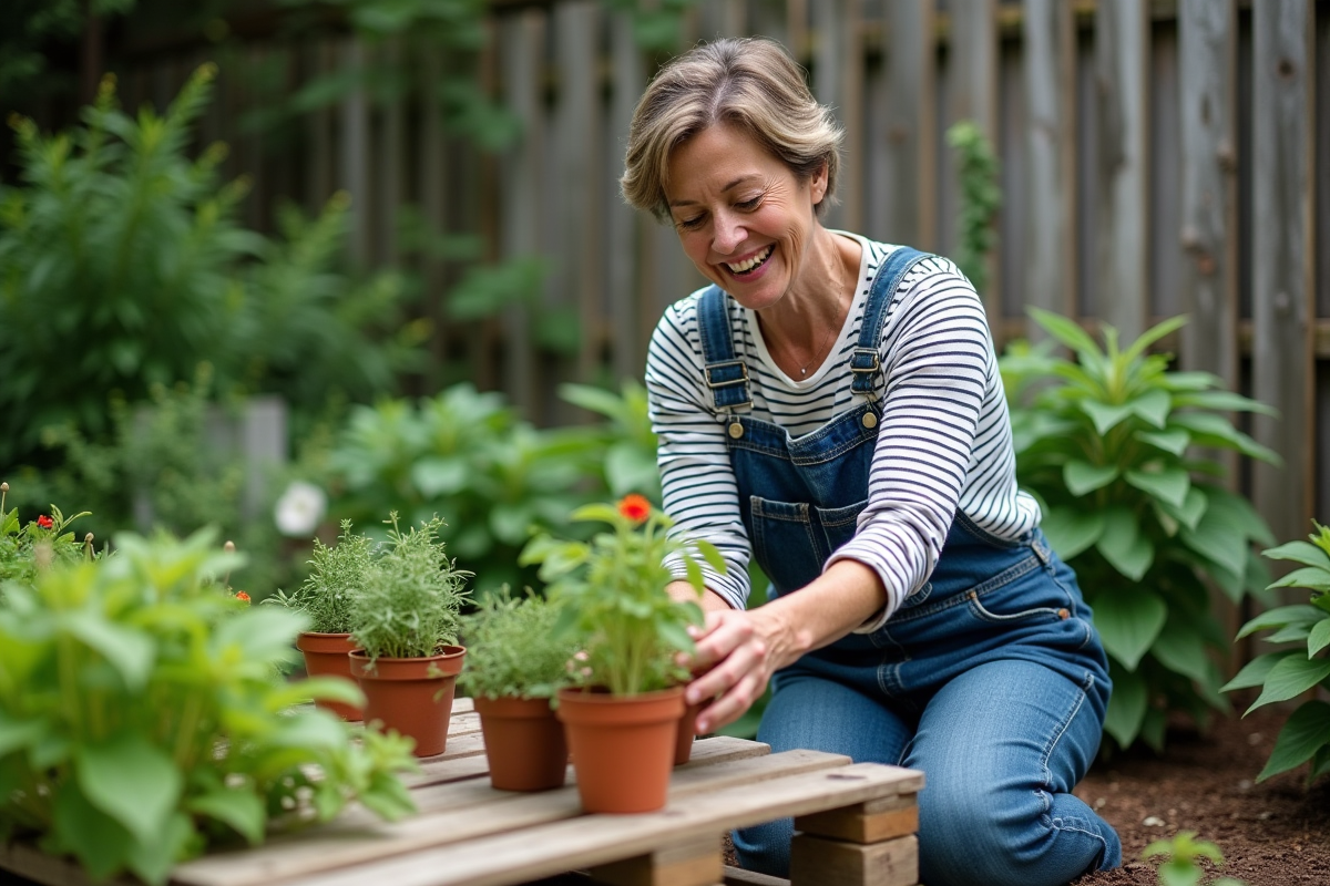 Femme en salopette arrangeant des herbes dans un jardin