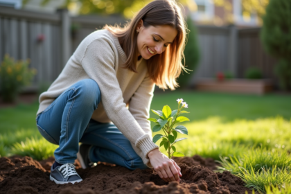 Femme plantant une jeune plante dans un jardin verdoyant