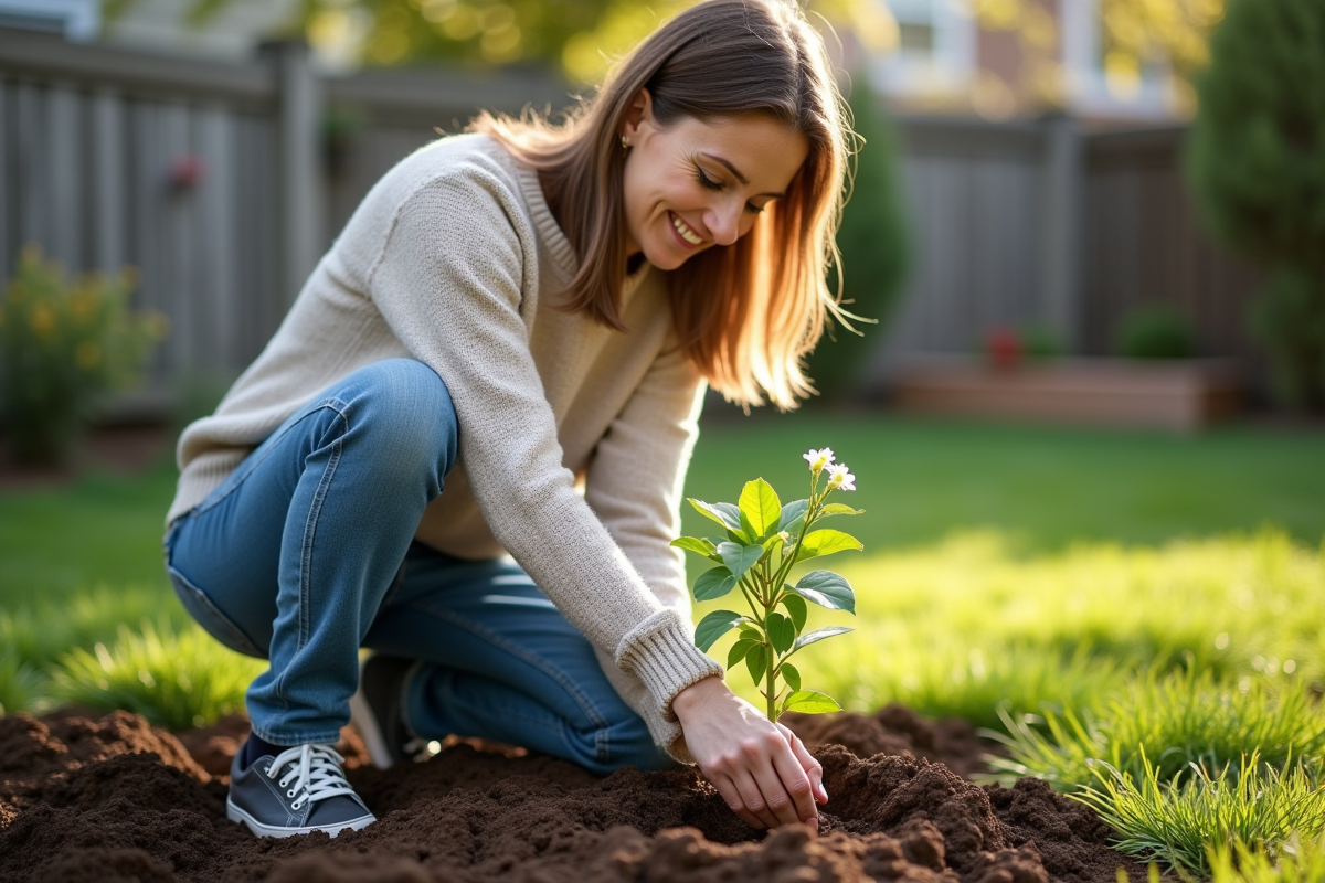 Femme plantant une jeune plante dans un jardin verdoyant