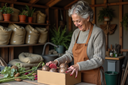 Femme inspectant des tubers de dahlia dans un atelier rustique