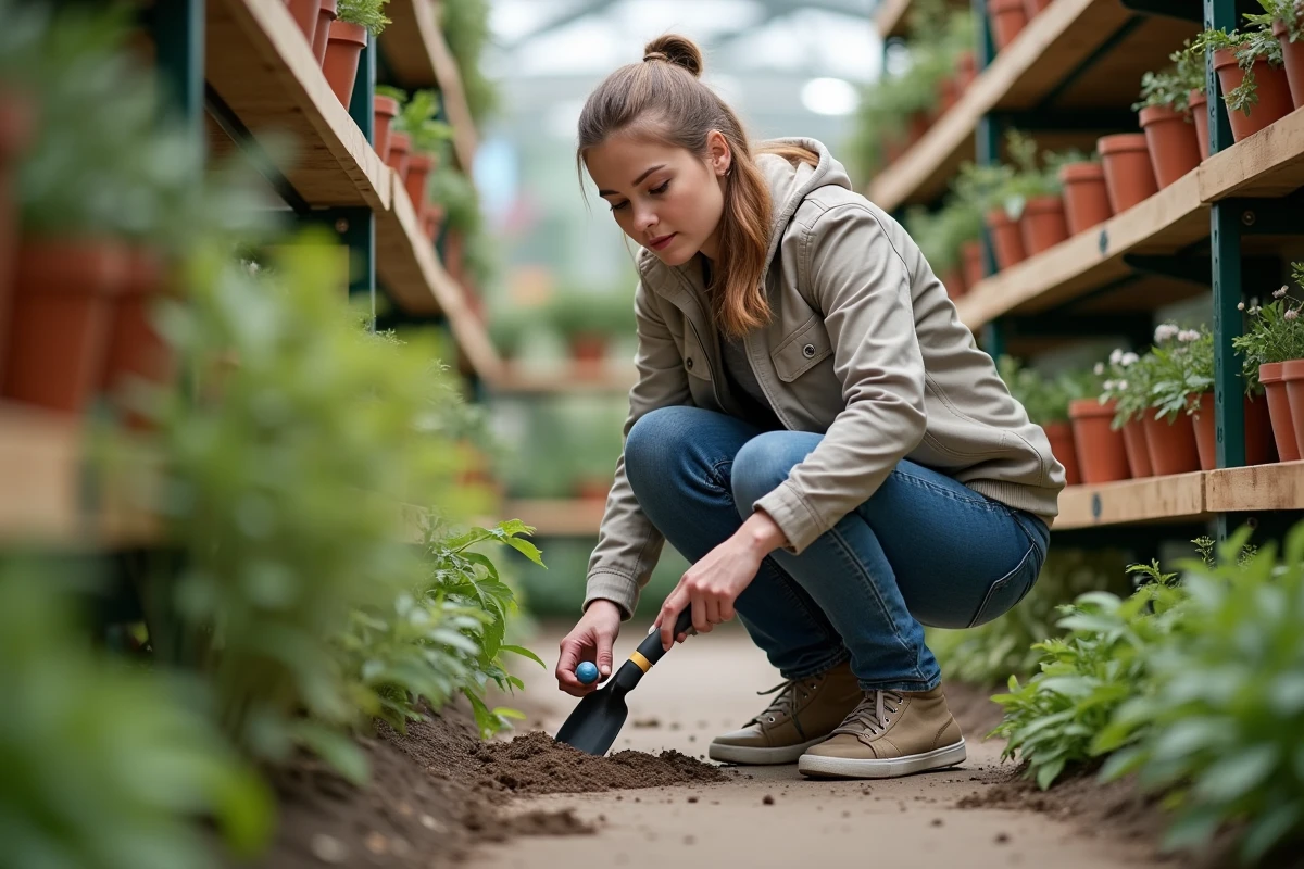 Jeune femme inspectant un outil de jardin dans un centre