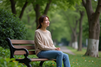 Femme assise dans un parc verdoyant en été