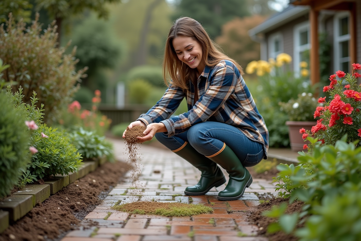 Femme souriante dispersant granules de mousse dans le jardin