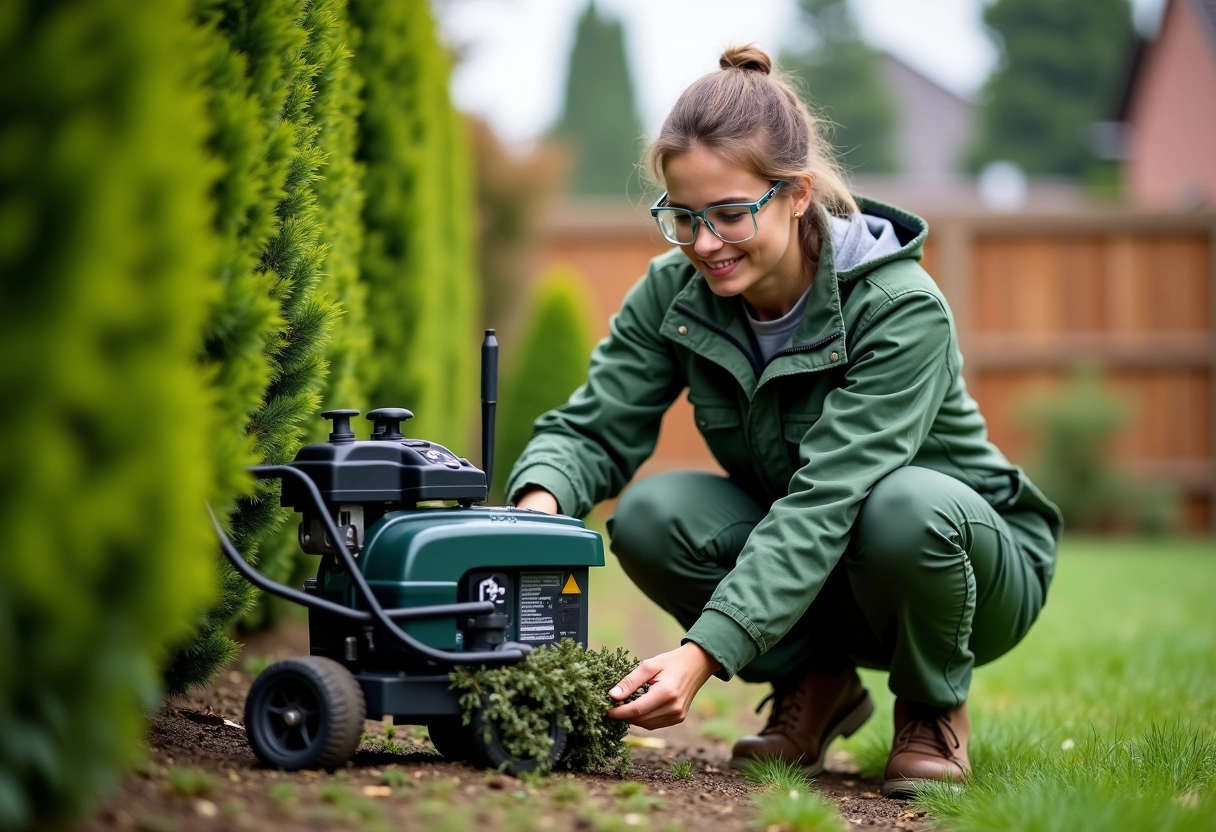 Jeune femme en veste verte supervisant un mulcher de jardin