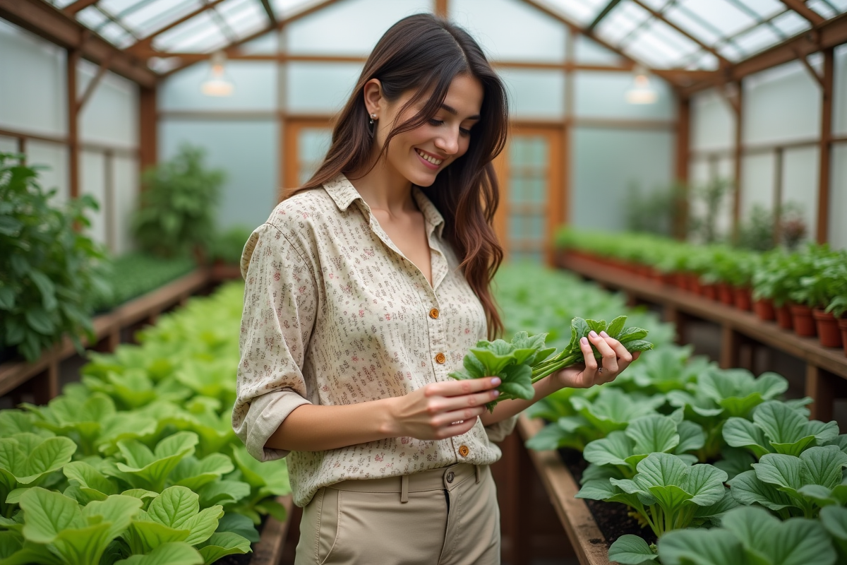 Jeune femme inspectant des plantes dans une serre rustique