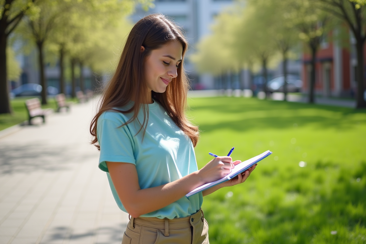 Jeune femme notant la croissance de la pelouse dans un parc