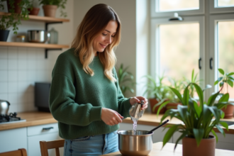 Femme versant de l'eau de cuisson de pommes de terre dans une plante d'intérieur