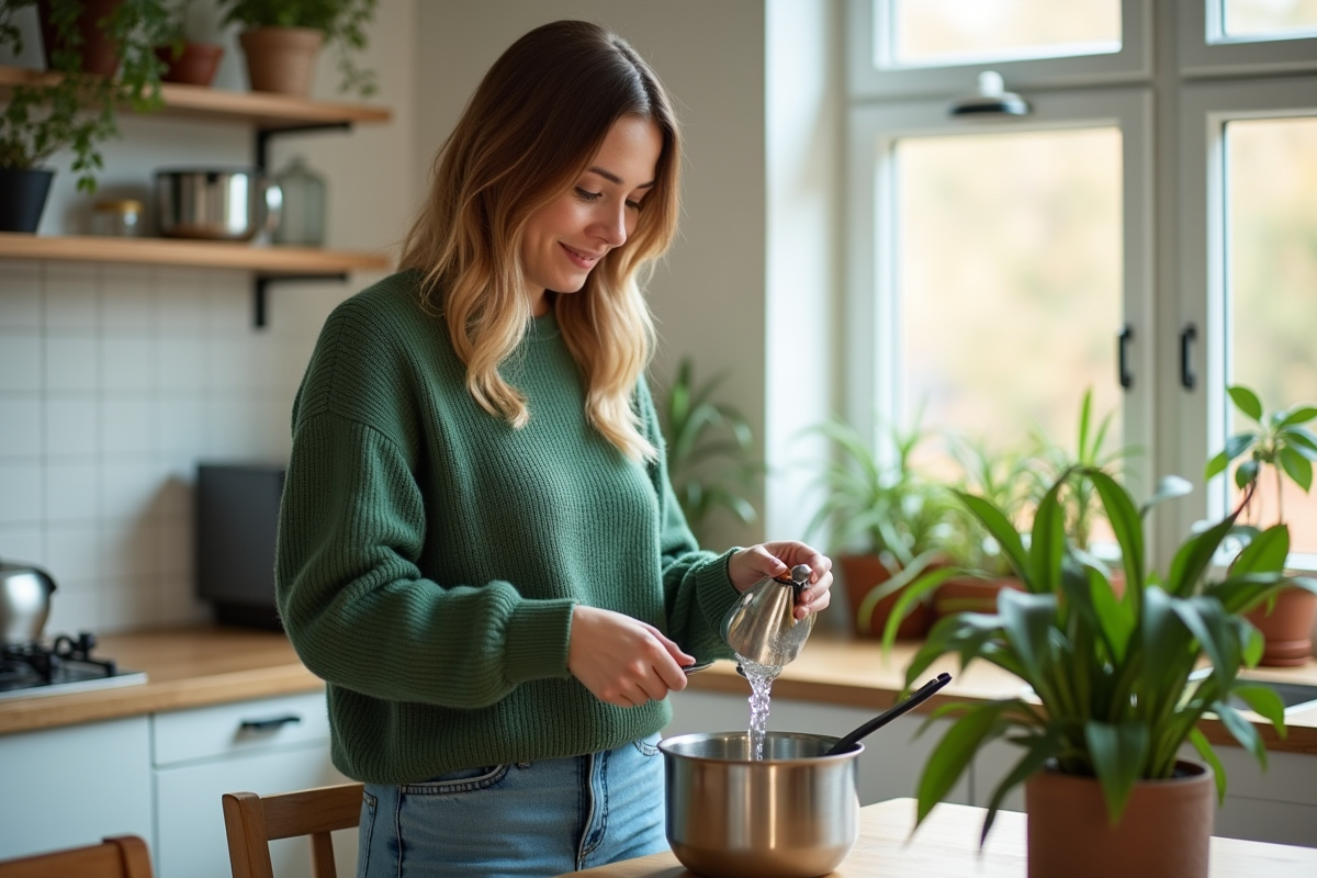 Femme versant de l'eau de cuisson de pommes de terre dans une plante d'intérieur