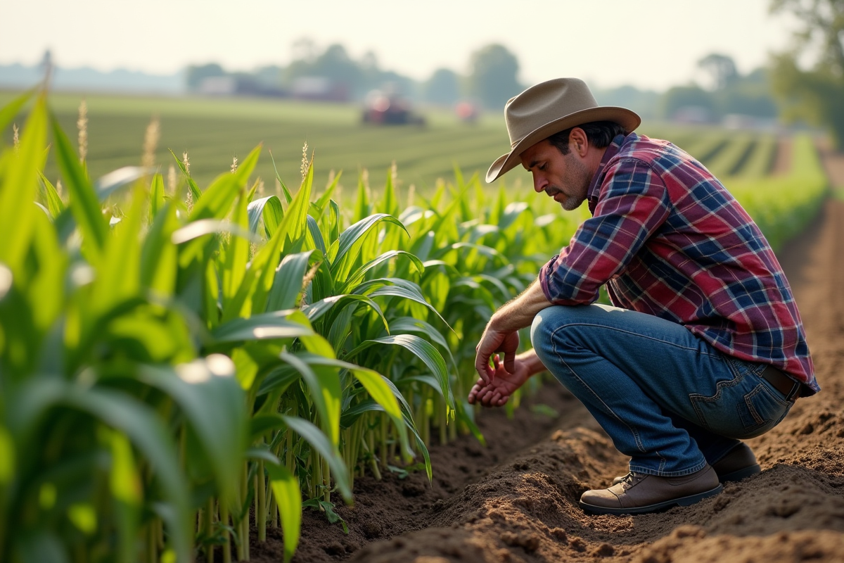 Fermeur en jeans examinant le sol dans un champ de maïs