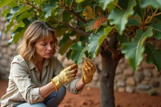 Femme jardinière inspectant les feuilles malades d'un figuier dans un jardin méditerranéen avec mur en pierre