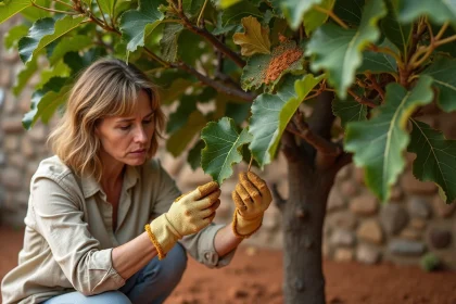 Femme jardinière inspectant les feuilles malades d'un figuier dans un jardin méditerranéen avec mur en pierre