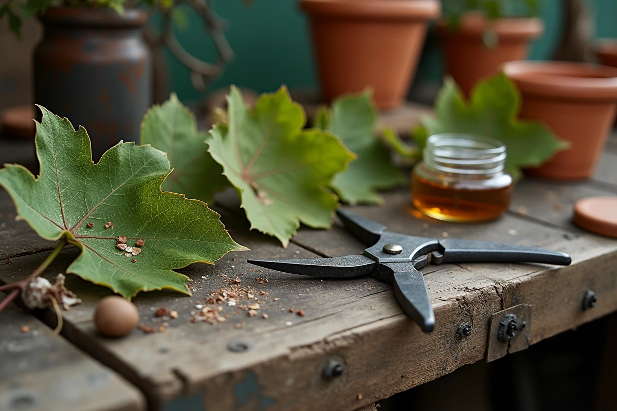 Gros plan sur les feuilles et l'écorce malades d'un figuier avec sécateur et traitement phytosanitaire sur établi en bois