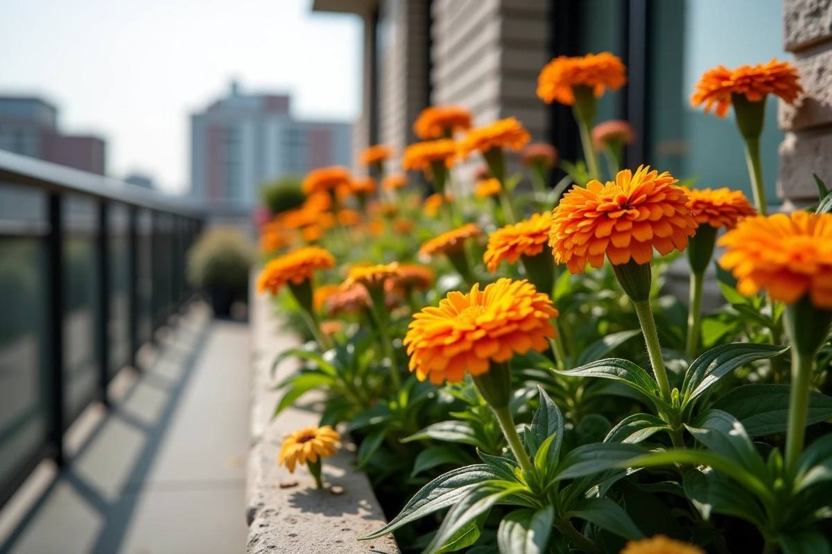 Fleurs colorées en balcon urbain avec vue sur la ville