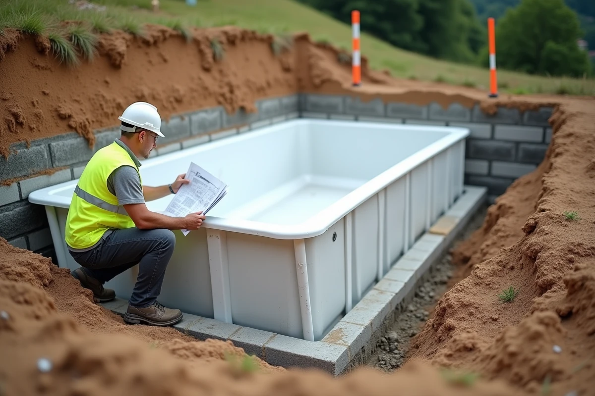 Technicien inspectant les fondations en béton d'une piscine coque sur sol en pente avec armatures métalliques