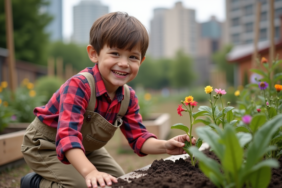 Garçon de huit ans arrosant une fleur dans un jardin communautaire