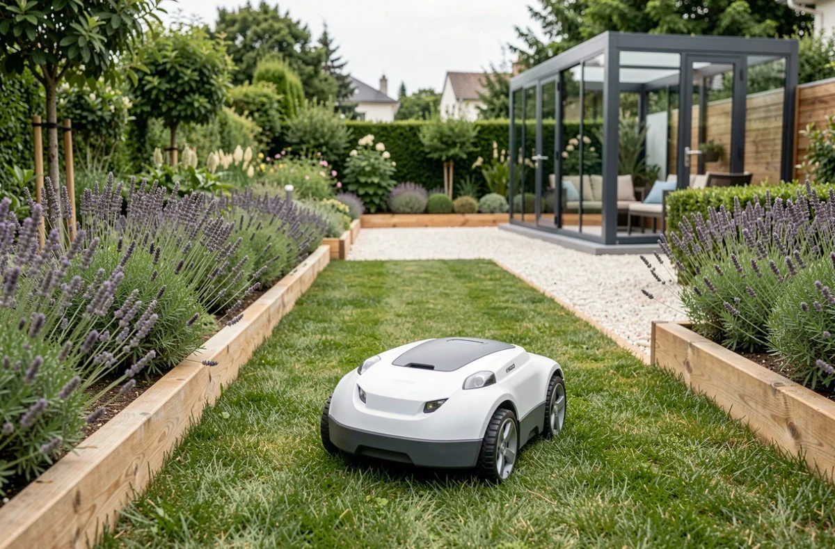 Robot tondeuse autonome Gowild Robots entretenant une pelouse résidentielle moderne et géométrique à Lyon