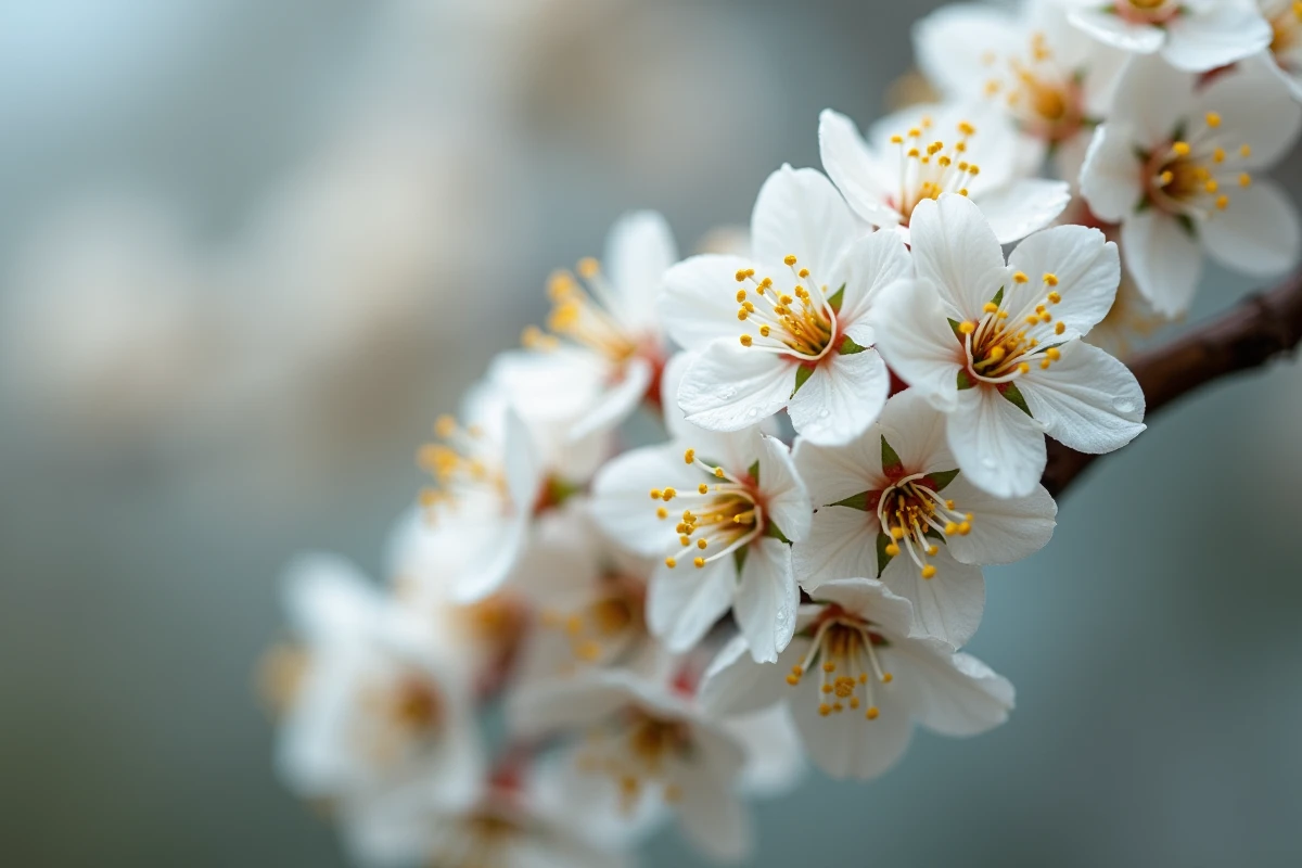 Gros plan sur des fleurs blanches parfumées d'un arbuste de printemps avec des gouttes de rosée matinale