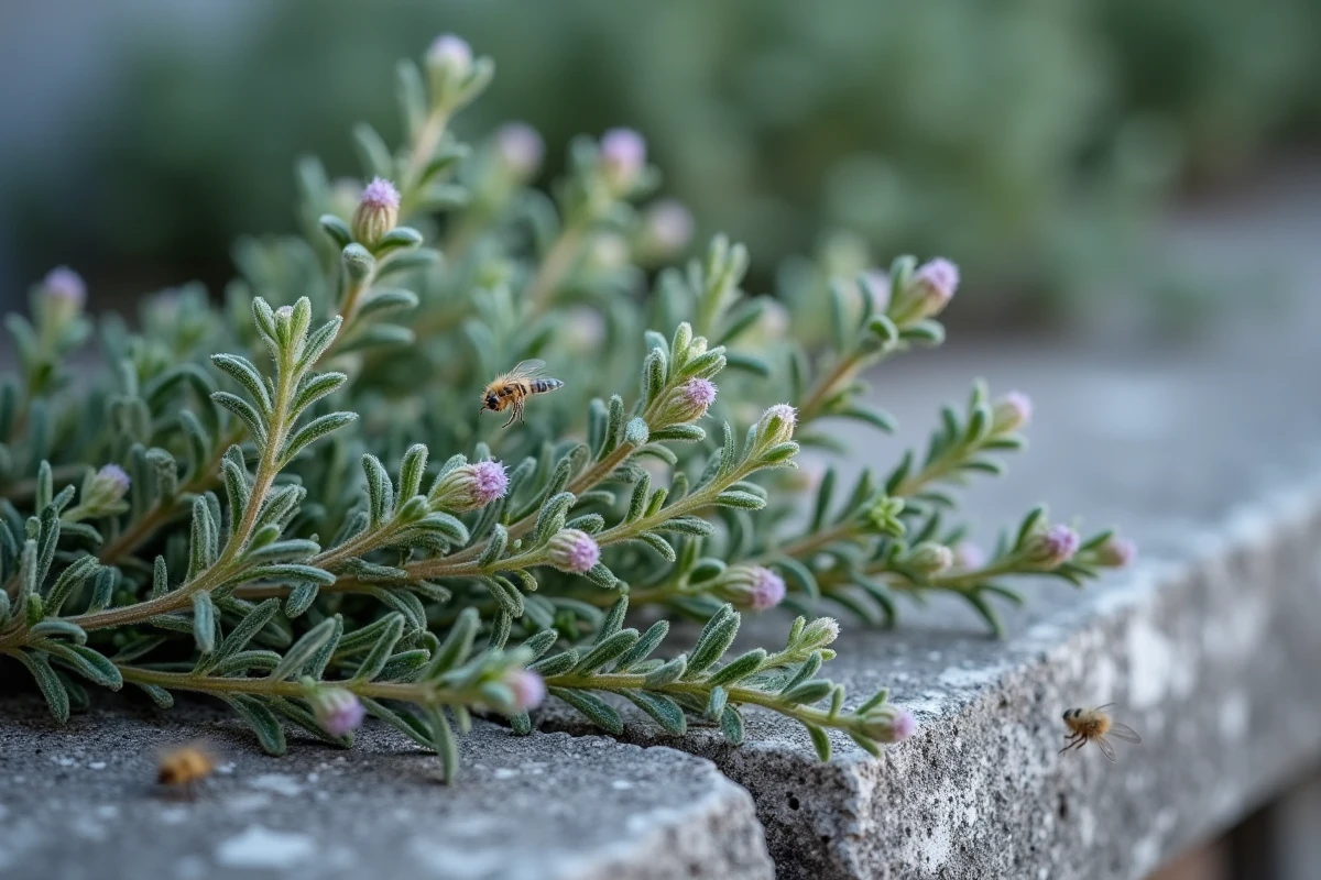 Gros plan de brins de thym posés sur une bordure de terrasse en béton avec des insectes flous en arrière-plan