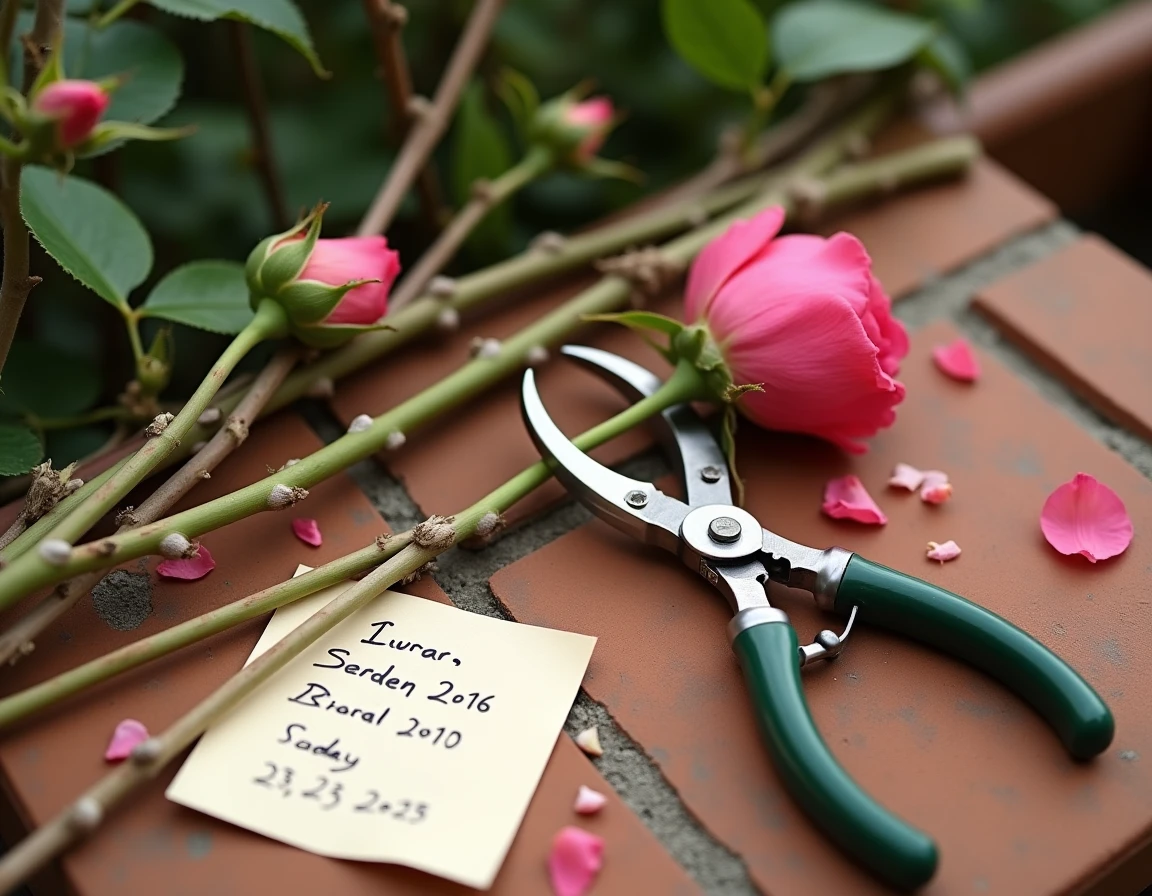 Gros plan sur des tiges de rosier coupées, un sécateur propre et un calendrier lunaire manuscrit posés sur une table de jardin en terre cuite