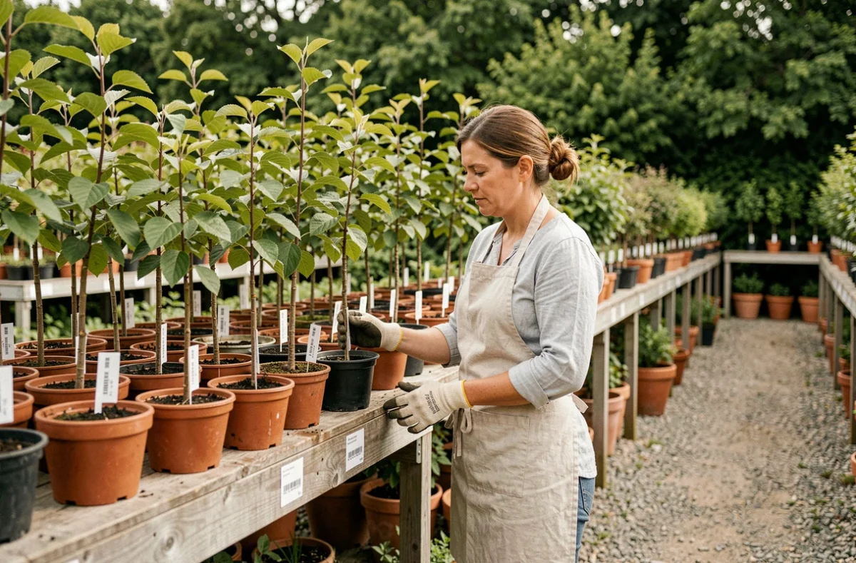 Horticultrice en pépinière examinant des mûriers en pot sur des étagères en bois, guide d'achat mûrier platane