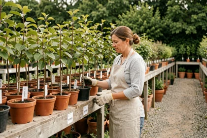 Horticultrice en pépinière examinant des mûriers en pot sur des étagères en bois, guide d'achat mûrier platane