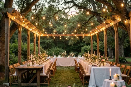 Guirlande lumineuse solaire suspendue entre des poteaux en bois lors d'un mariage en plein air au coucher du soleil