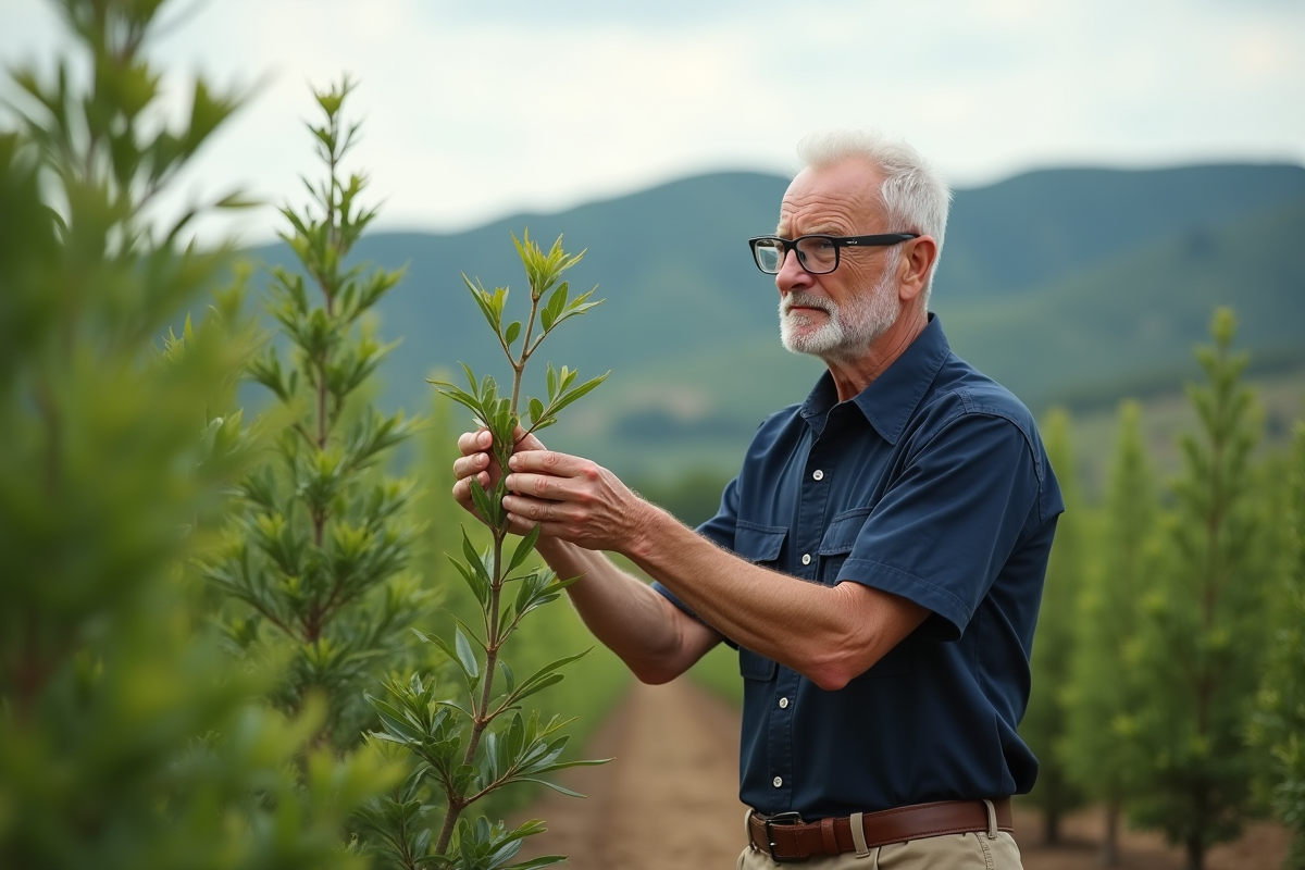 Homme observant un jeune arbre dans un paysage reforeste
