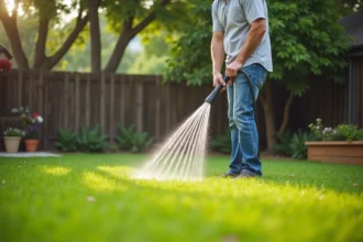 Homme d'âge moyen arrosant la pelouse verte dans son jardin
