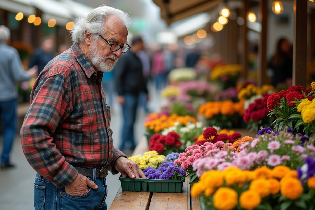Homme âgé regardant un marché aux fleurs coloré