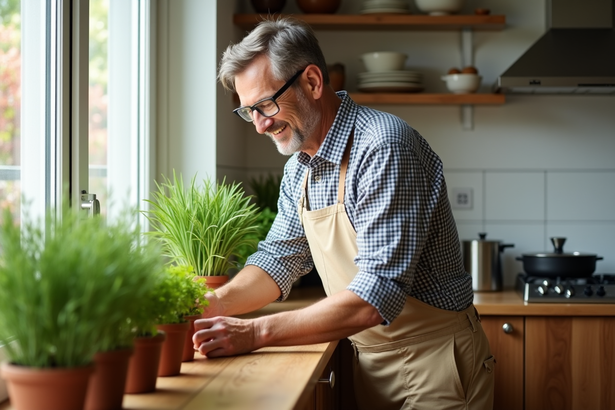 Homme arrangeant des herbes aromatiques sur une fenêtre de cuisine