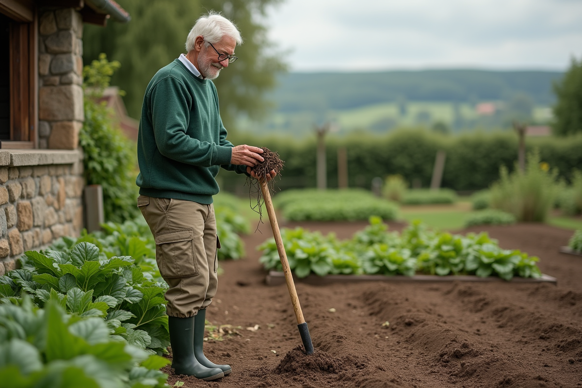 Homme âgé examine la terre dans le jardin rural