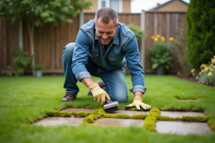 Homme en vêtements casual nettoyant la mousse sur les pavés de jardin